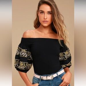 Free People Rock‎ With It Black Embroidered Off-the-Shoulder  Top Size Medium